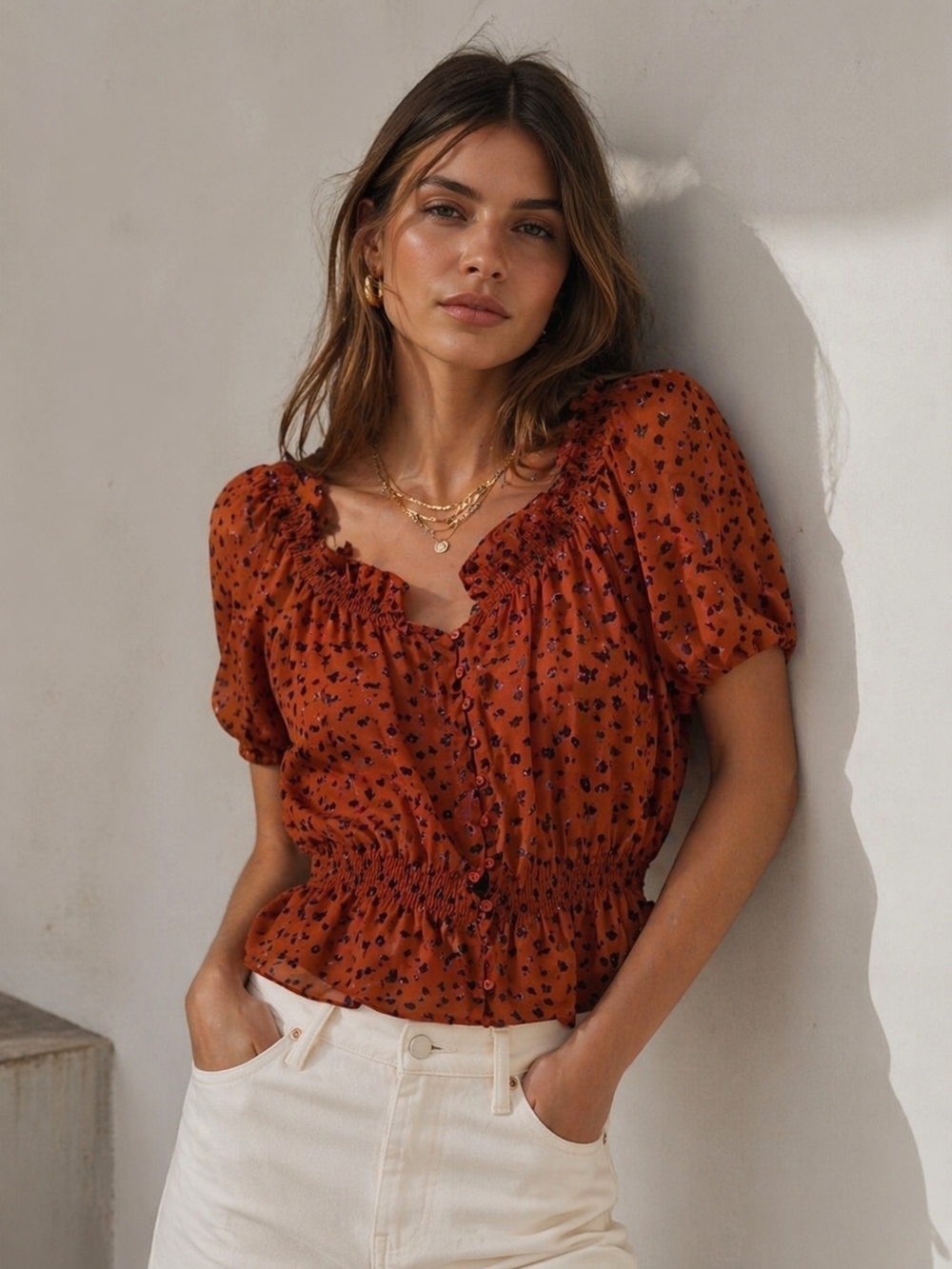 Pretty Good Boho Ruffle Blouse – Rust Floral ✨